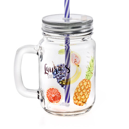 Jarra personalizada de cristal con asa, tapa y pajita